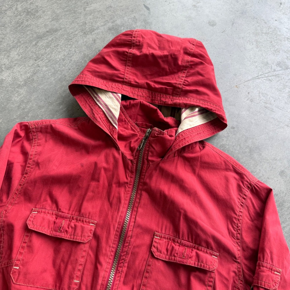 Cabelas Women Red Cotton Canvas Utility Field Jacket Hooded Size M 913060